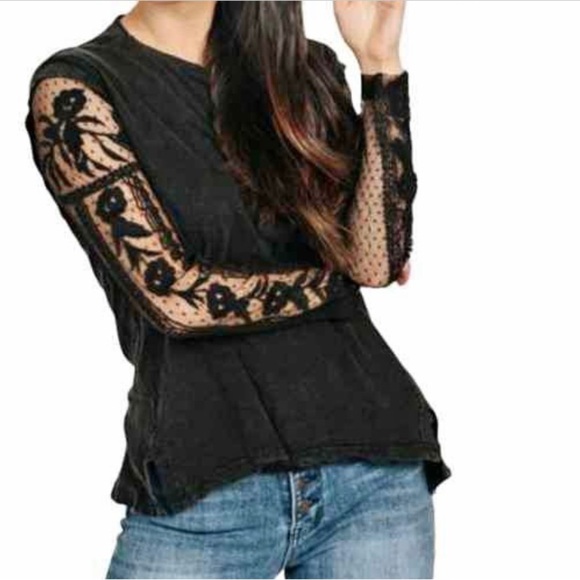 Free People Billie JeanTwofer Tee Floral Lace Embroidered Top Size Sm,black - Picture 1 of 16